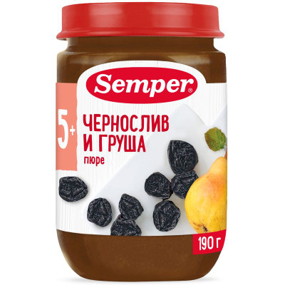 Изображение товара Пюре Semper чернослив-груша с 5 месяцев, 190г