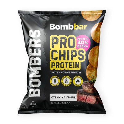 Изображение товара Чипсы Bombbar цельнозерновые протеиновые со вкусом стейк на гриле, 50г