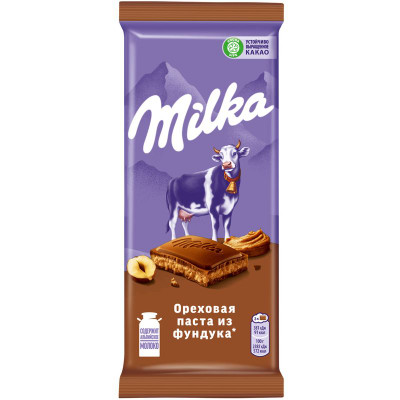 Изображение товара Шоколад молочный Milka с начинкой из ореховой пасты и дробленым фундуком, 80г