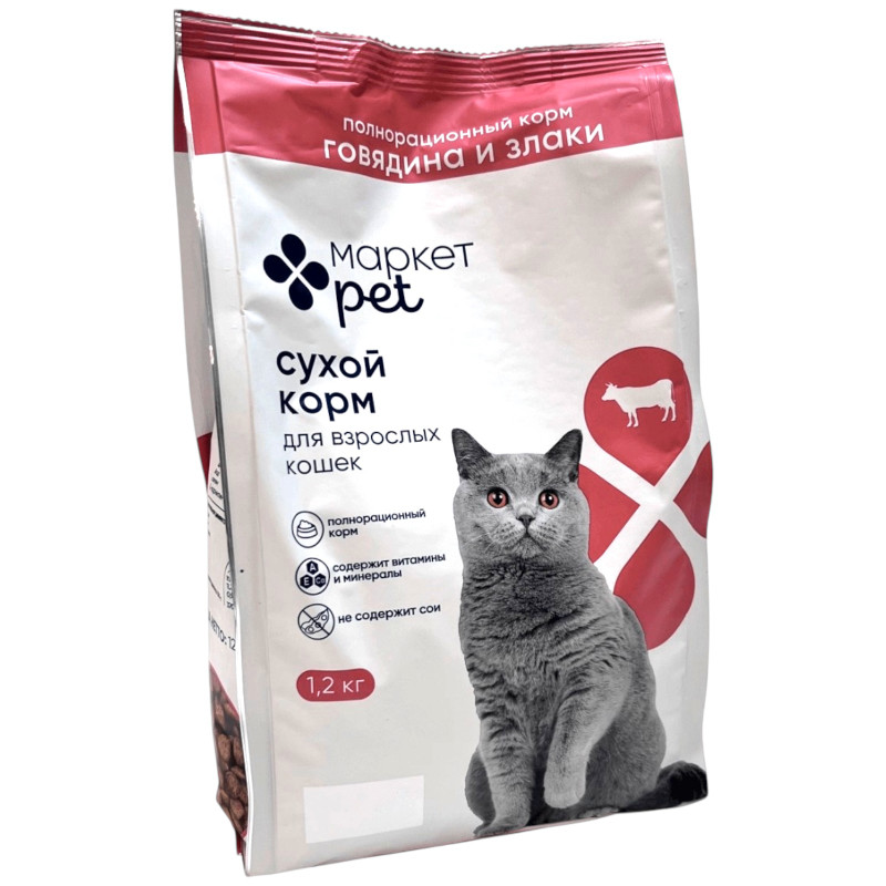 Изображение товара Сухой корм для кошек из говядины и злаков Market Pet 1.2кг