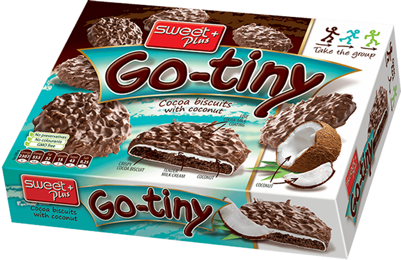 Изображение товара Печенье Sweet Plus Go-Tiny бисквитное шоколадный молочный крем-кокос в какао-молочной глазури, 130г