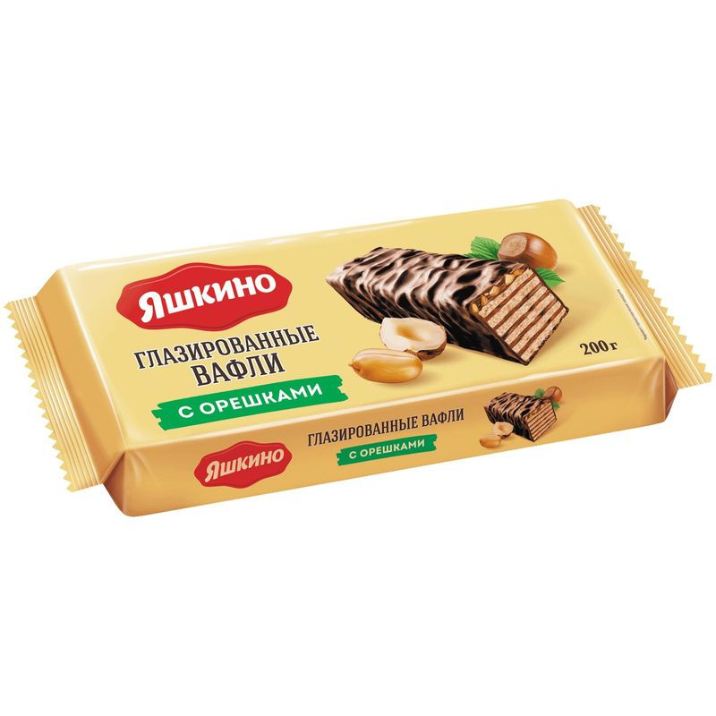 Изображение товара Вафли Яшкино глазированные с орешками 200г вкусное лакомство