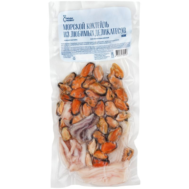 Изображение товара Морской коктейль Люди Любят, ассорти морепродуктов, 400 г - свежий замороженный морской деликатес