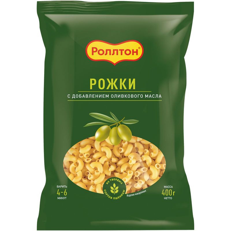 Изображение товара Макароны Роллтон Рожки с оливковым маслом 400г - натуральный состав быстрое приготовление
