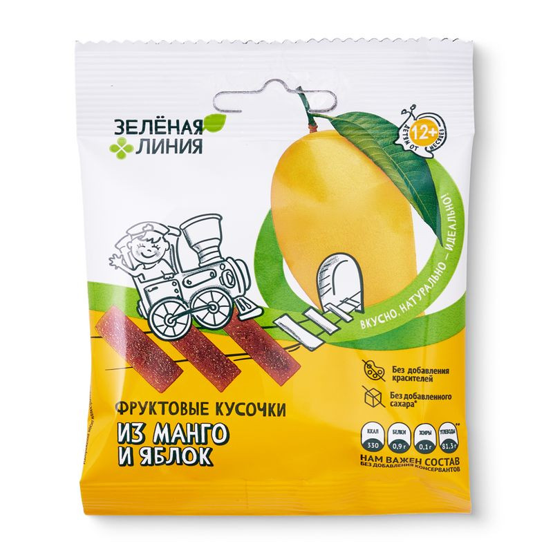 Изображение товара Фруктовые кусочки из манго и яблок Зелёная Линия 30г натуральный перекус