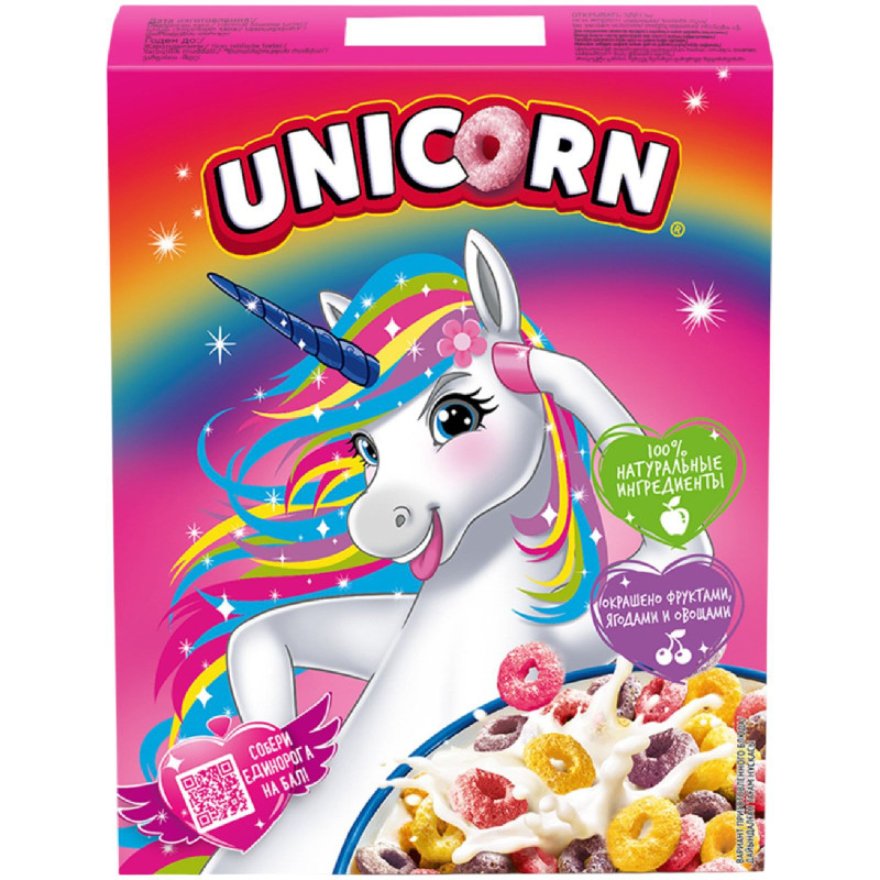 Изображение товара Завтрак готовый Unicorn Радужные колечки с фруктовым вкусом, 195г