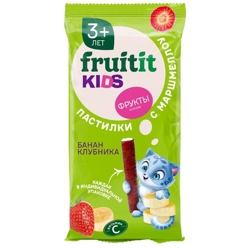 Изображение товара Пастилки Fruit It Kids Клубника+Банан с маршмеллоу 45г натуральное детское лакомство