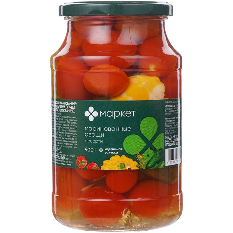 Изображение товара Ассорти овощное Маркет Перекрёсток черри огурцы патиссоны 900г закуска в рассоле