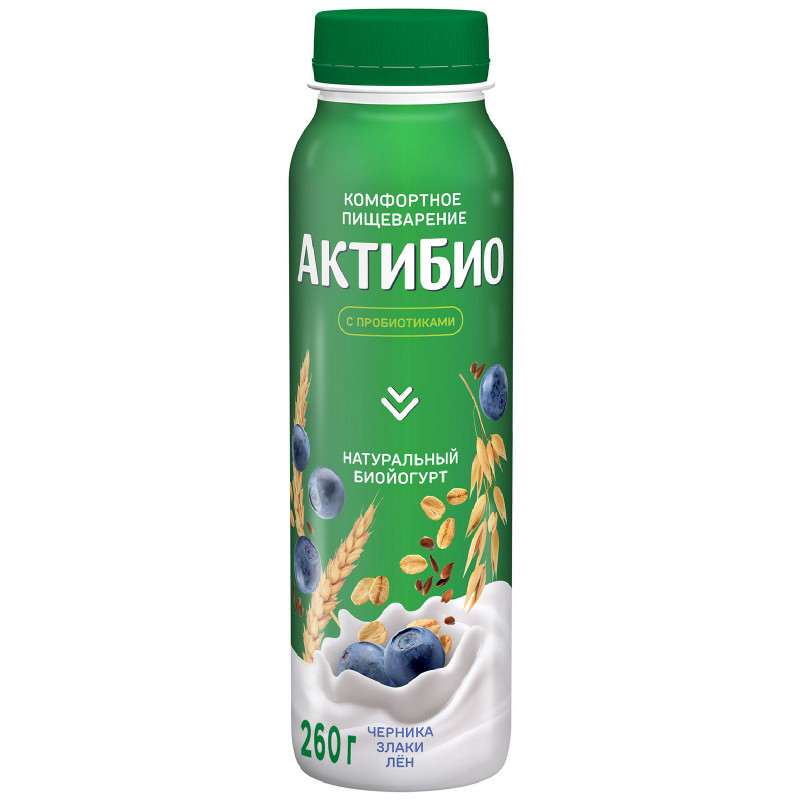 Изображение товара Биойогурт Актибио с черникой злаками и льняными семенами обогащенный бифидобактериями 1.6%, 260г
