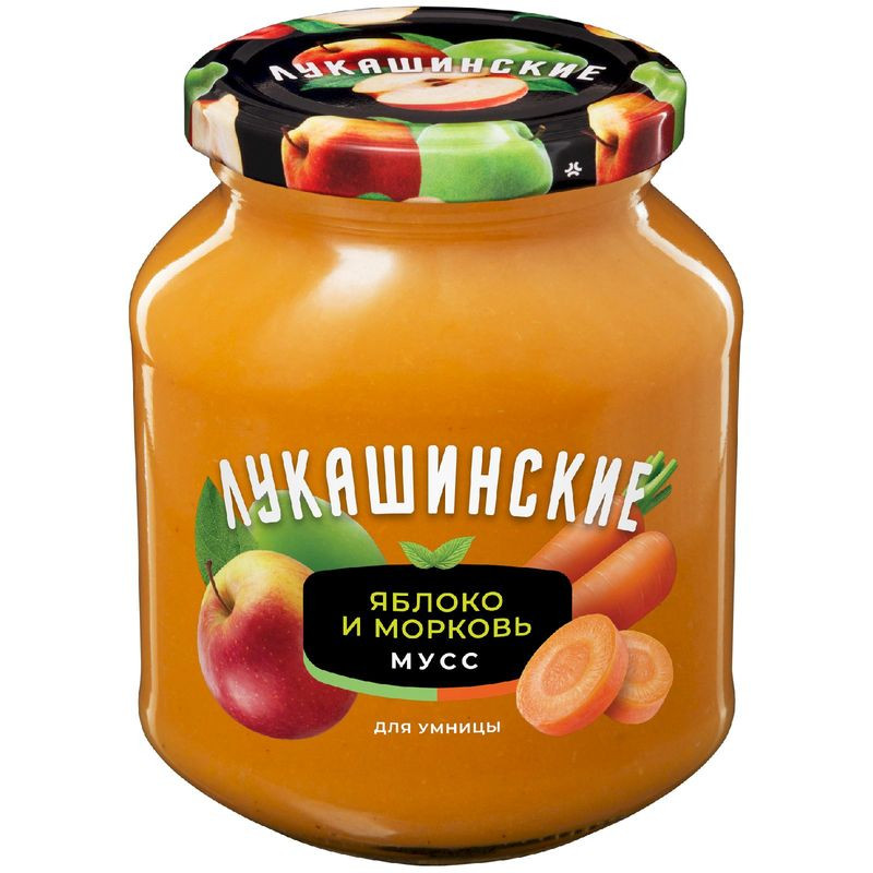 Изображение товара Мусс Лукашинские десерты Фитнес яблочно-морковный 370г натуральный вкус и полезные свойства