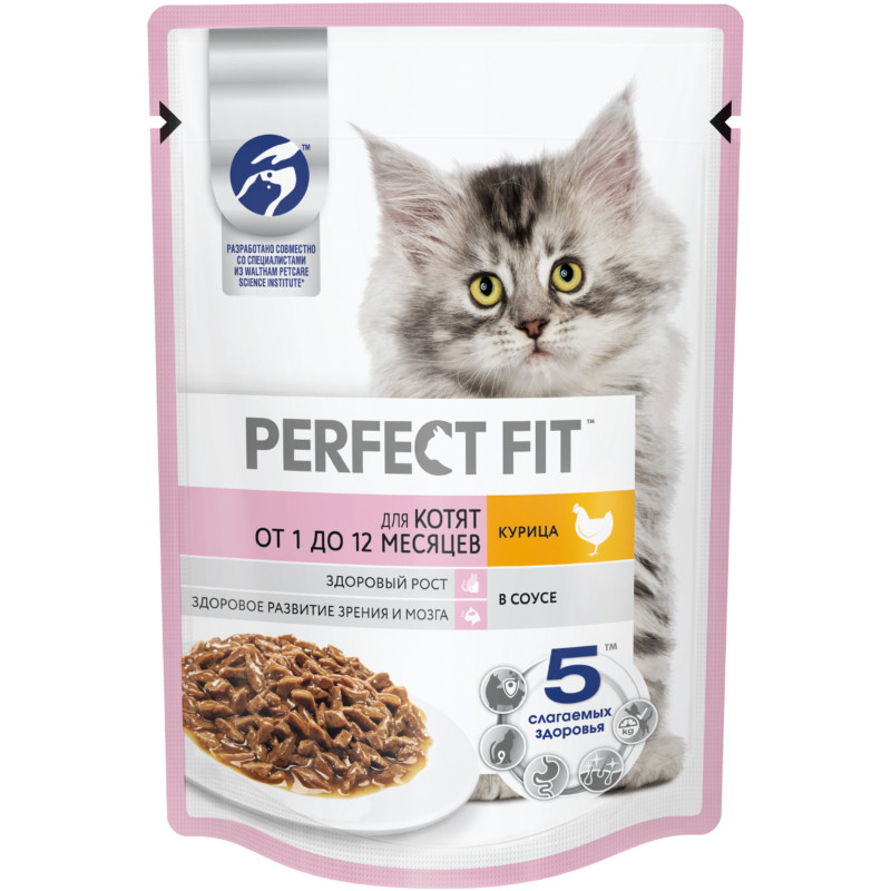 Изображение товара Влажный корм Perfect Fit для котят от 1 до 12 месяцев с курицей в соусе, 75г
