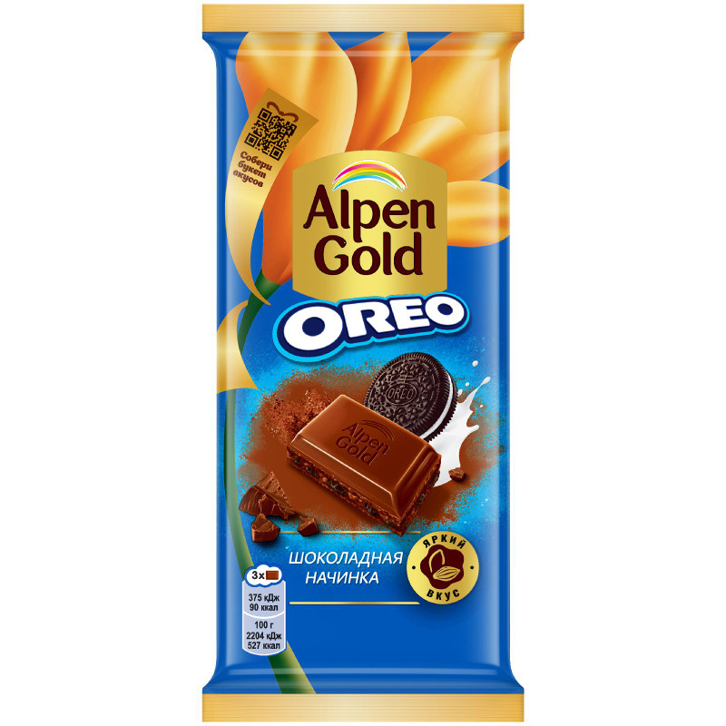 Изображение товара Шоколад Alpen Gold молочный с шоколадной начинкой и кусочками печенья Орео, 85г