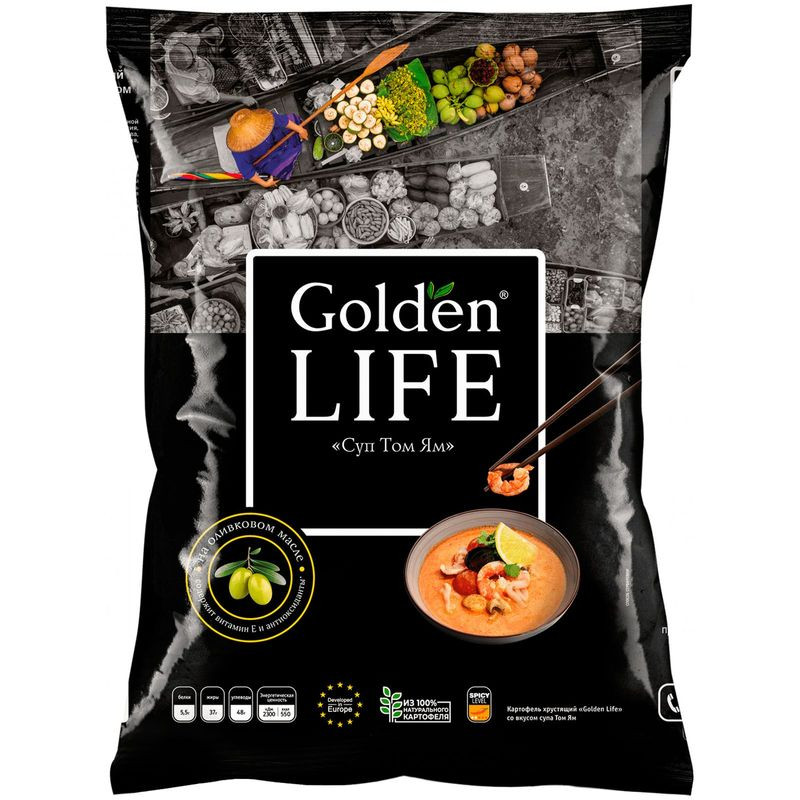 Изображение товара Картофель Golden Life со вкусом супа Том Ям хрустящие чипсы 90 г Россия