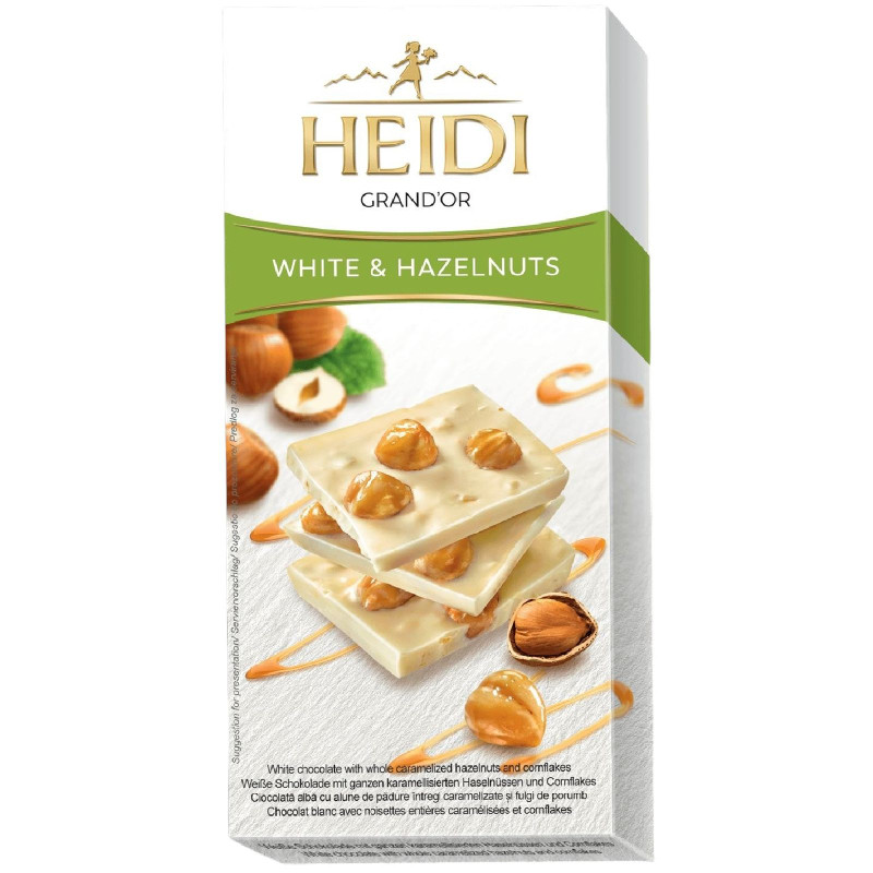Изображение товара Шоколад белый Heidi с карамелизированным лесным орехом и кукурузными хлопьями, 100г