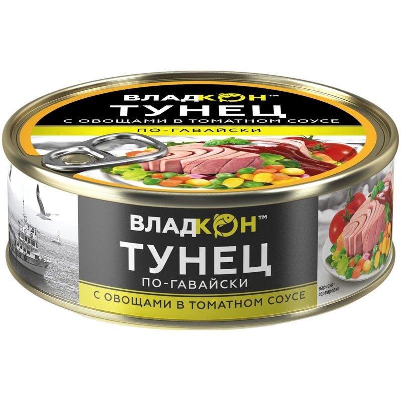 Изображение товара Тунец Владкон филе-кусочки с овощами в томатном соусе по-гавайски, 240г