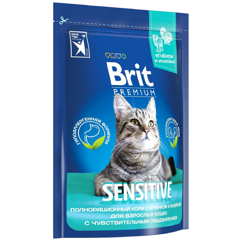 Изображение товара Корм Brit Premium Cat Sensitive с ягненком и индейкой сухой для взрослых кошек, 800г