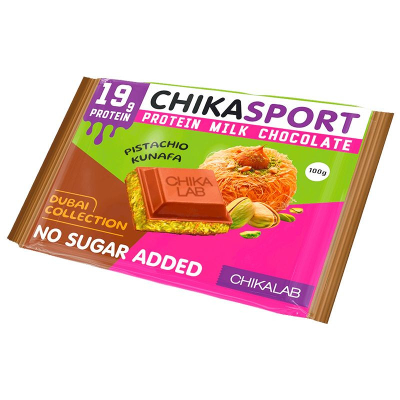 Изображение товара Протеиновый молочный шоколад Chikalab с фисташковой пастой и хрустящим тестом 100 г