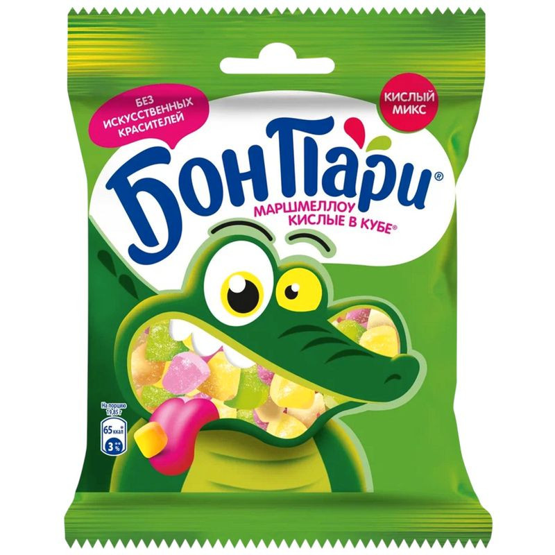 Изображение товара Маршмеллоу Бон Пари Кислые в Кубе со вкусом фруктов 65г - яркие кисло-сладкие конфеты для сладкоеже