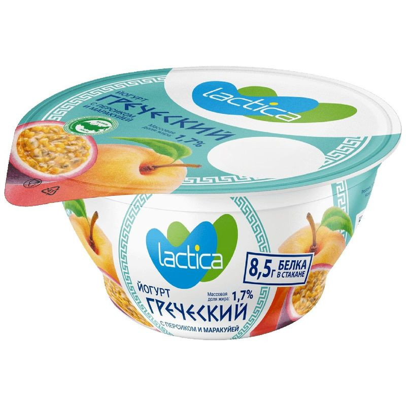 Изображение товара Греческий йогурт Lactica двухслойный с персиком и маракуйей 1.7% 130г Россия