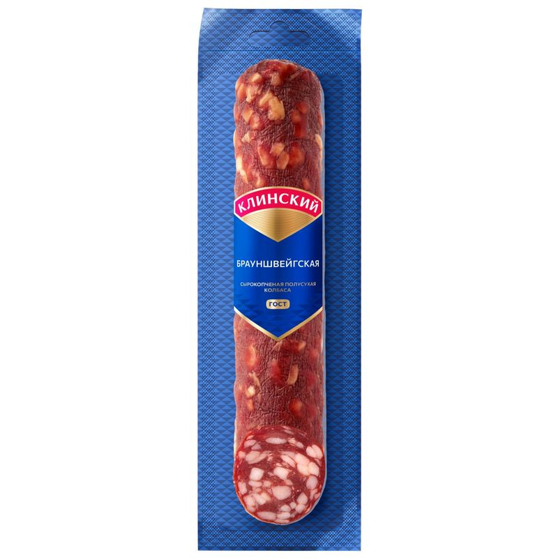 Изображение товара Клинский МК Брауншвейгская сырокопченая колбаса А 540 ккал 15 г белков 53 г жиров 0 г углеводов 120