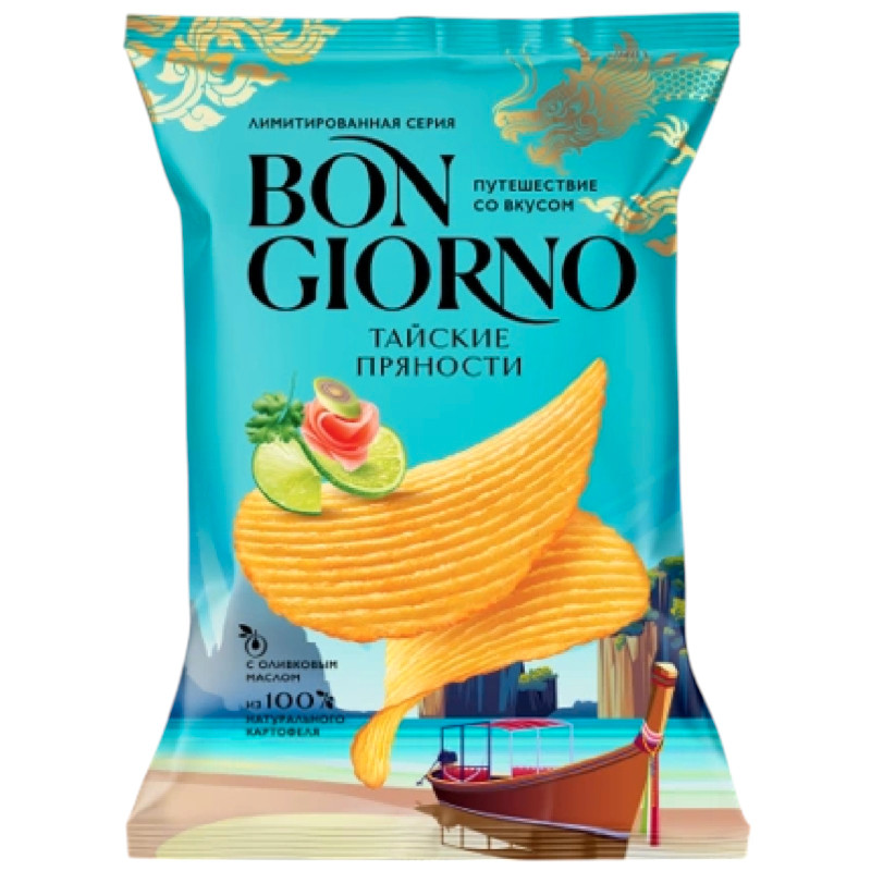 Изображение товара Чипсы Bon Giorno из натурального картофеля рифленые со вкусом тайских пряностей, 120г