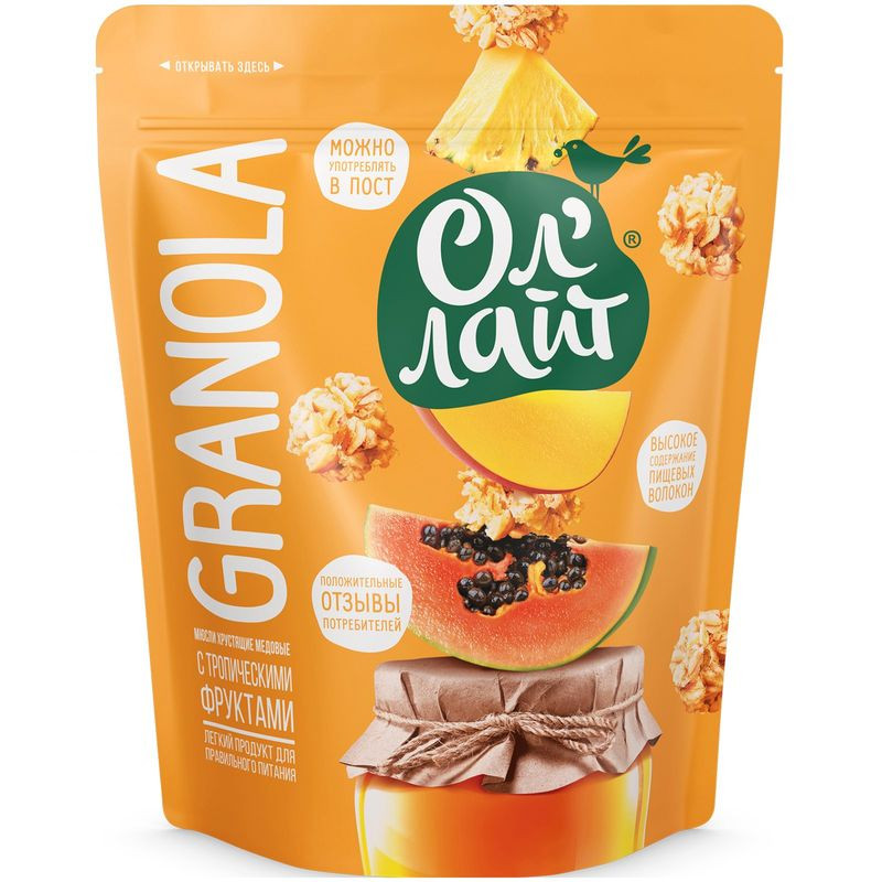 Изображение товара Гранола Ол Лайт медовые с тропическими фруктами 280г хрустящий сухой завтрак Россия