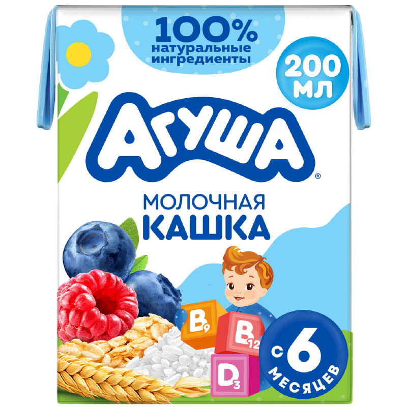 Изображение товара Каша молочно-злаковая Агуша Укрепляй-ка детская Черника-Малина-Яблоко с 6 месяцев 2.7%, 200мл