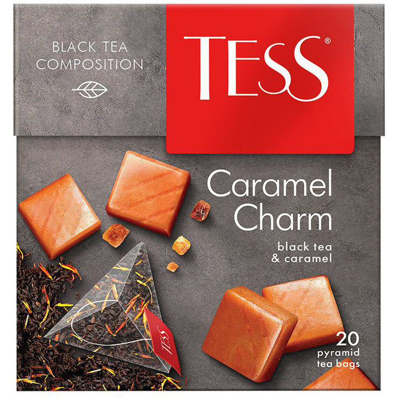 Изображение товара Чай Tess Карамель шарм чёрный байховый ароматизированный в пирамидках, 20х1.8г