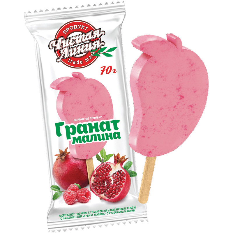Изображение товара Мороженое Чистая Линия пломбир с гранатовым и малиновым соком и кусочками малины 12%, 70г