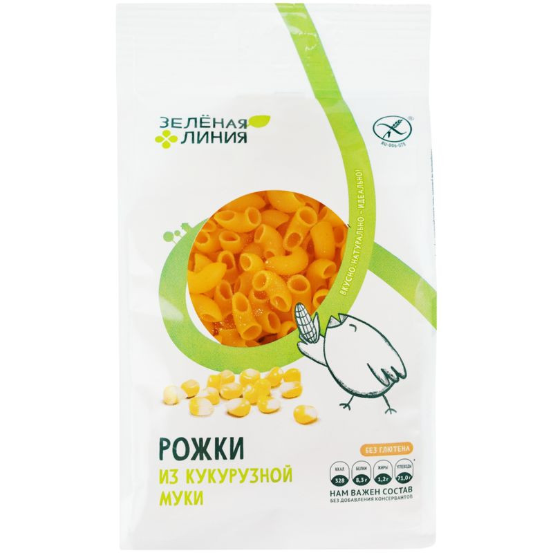 Изображение товара Макароны Рожок из кукурузной муки Зелёная Линия 250г натуральное питание