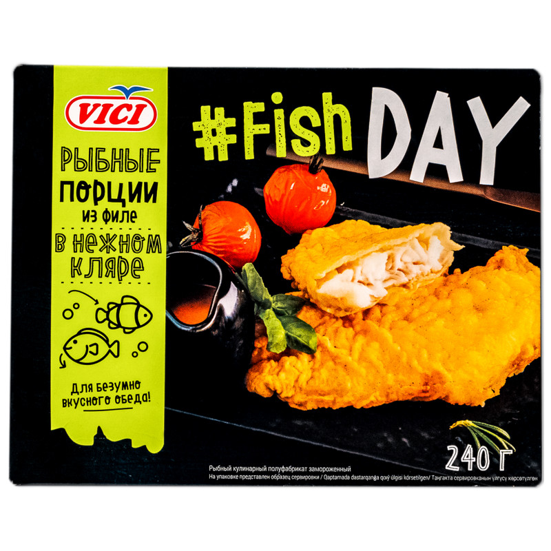 Изображение товара Минтай Vici Fish Day филе порции в нежном кляре обжаренные замороженные, 240г