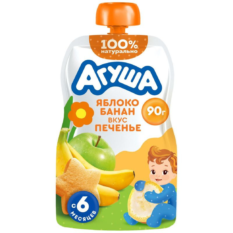 Изображение товара Детское фруктовое пюре Агуша Яблоко-банан со вкусом печенья 90г