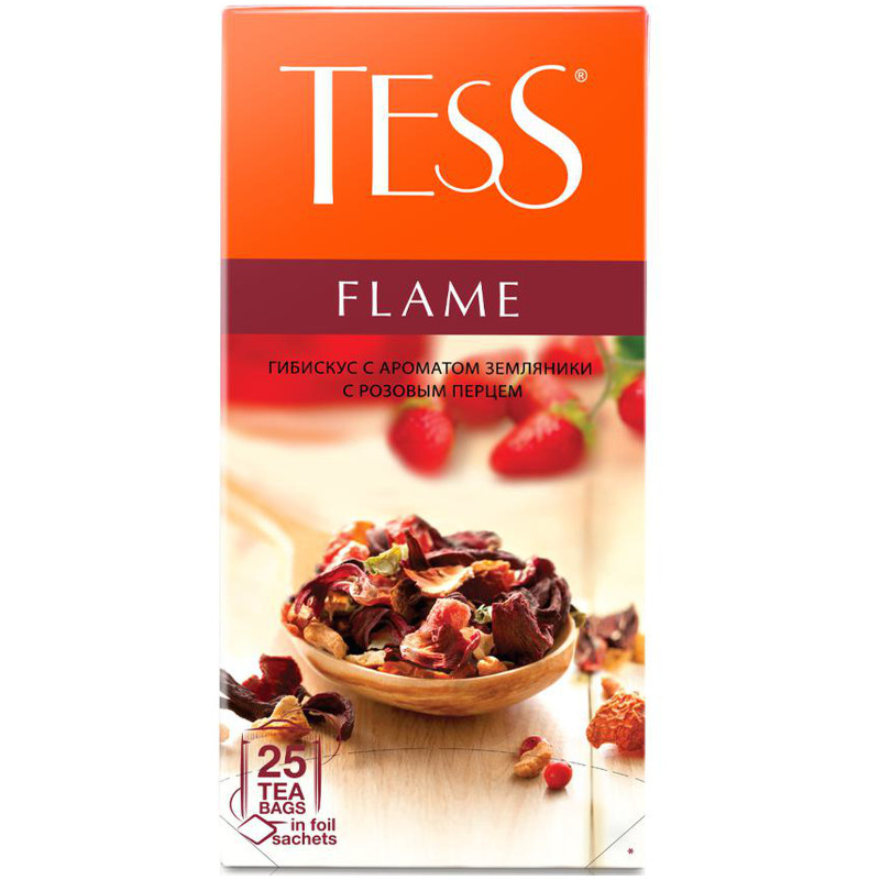 Изображение товара Чай Tess Flame фруктовый с земляникой и розовым перцем в пакетиках, 25х2г