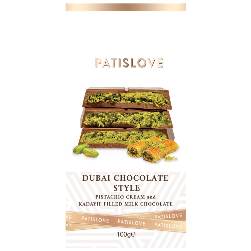 Изображение товара Шоколад молочный Patislove Дубайский с фисташковой начинкой, 100г