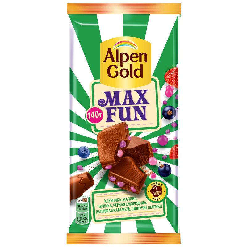 Изображение товара Шоколад Alpen Gold Максфан молочный со вкусом ягод и фруктов 140г