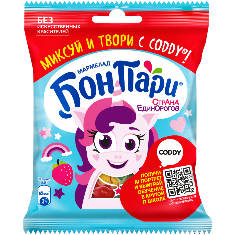 Изображение товара Мармелад Бон Пари Страна единорогов жевательный фигурный фрукты, 100г