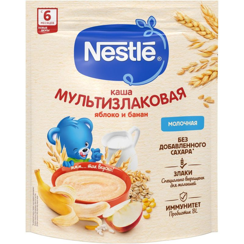 Изображение товара Молочная мультизлаковая каша Nestlé яблоко-банан с бифидобактериями для детей 6 месяцев 200г