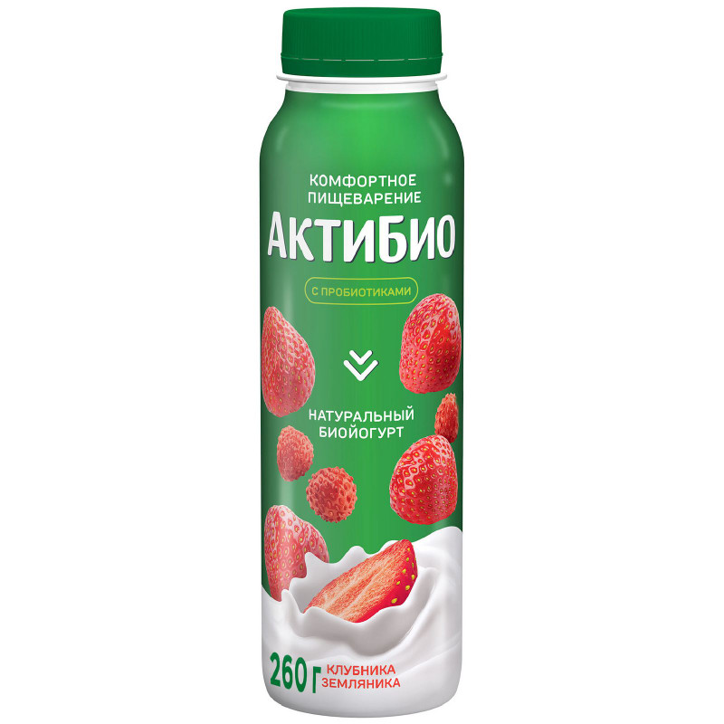 Изображение товара Биойогурт Актибио с клубникой и земляникой обогащенный бифидобактериями 1.5%, 260г