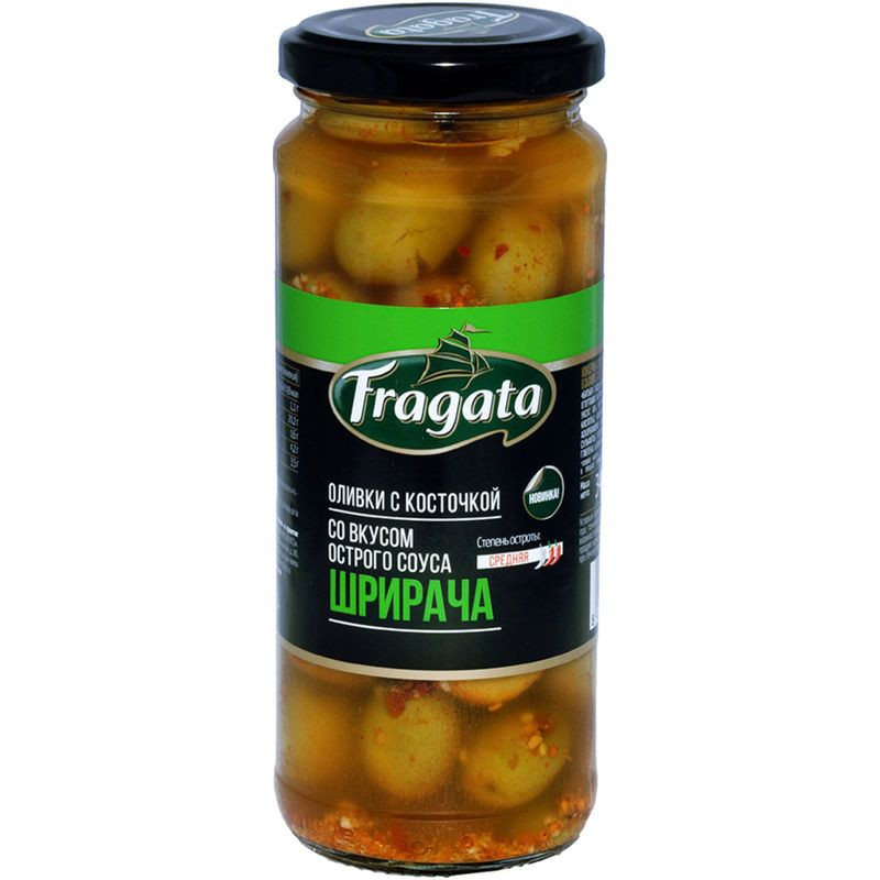 Изображение товара Оливки Fragata с косточкой со вкусом острого соуса Шрирача 340г