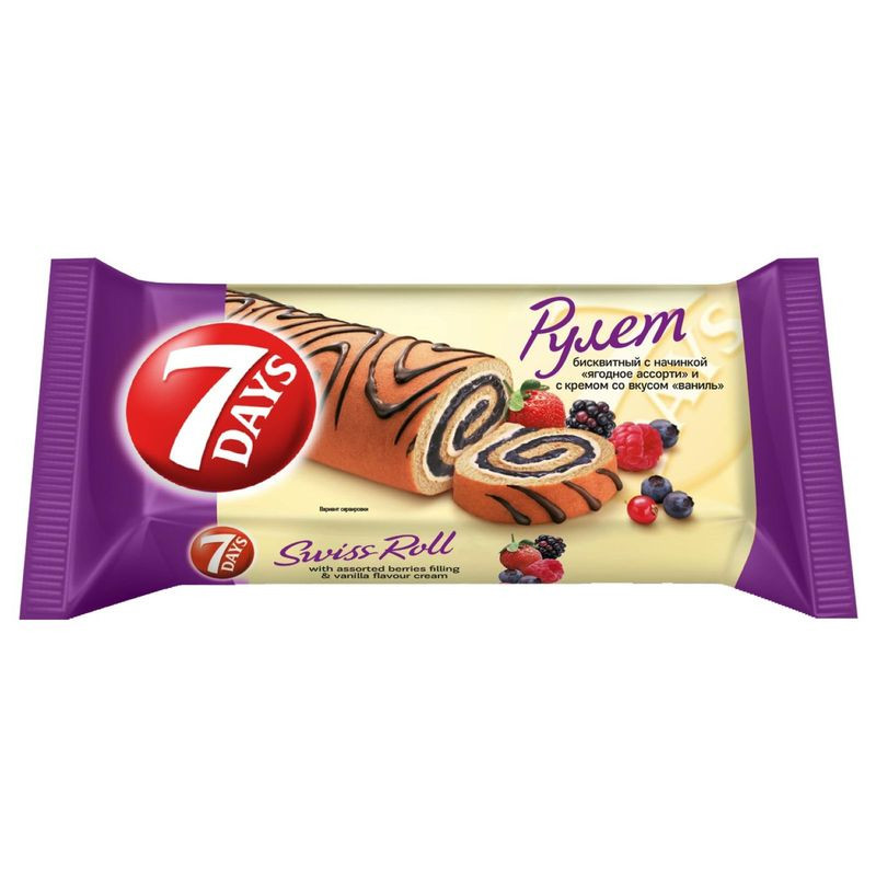 Изображение товара Рулет 7Days бисквитный с ягодной начинкой и ванильным кремом 200г