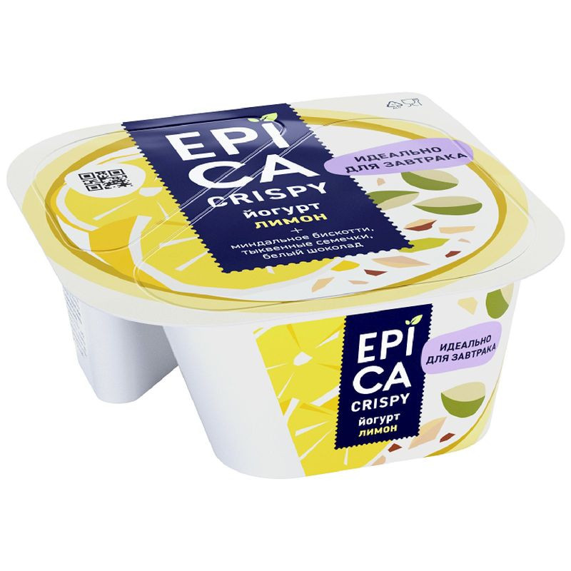 Изображение товара Йогурт Epica Crispy лимон 8.6% 140г ложковый натуральный десерт с семенами и шоколадом