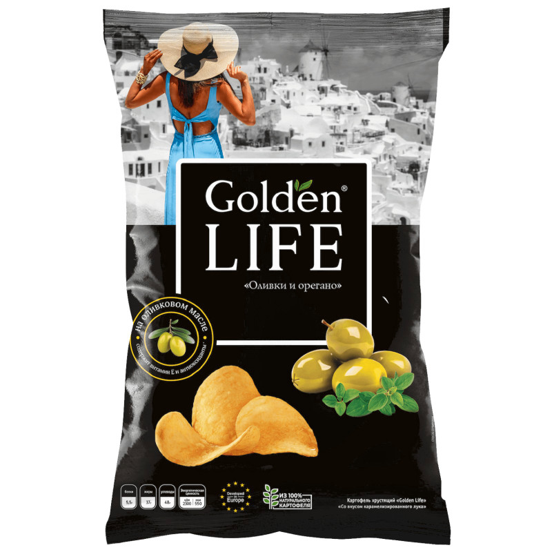 Изображение товара Картофель хрустящий Golden Life со вкусом оливок и орегано, 90г