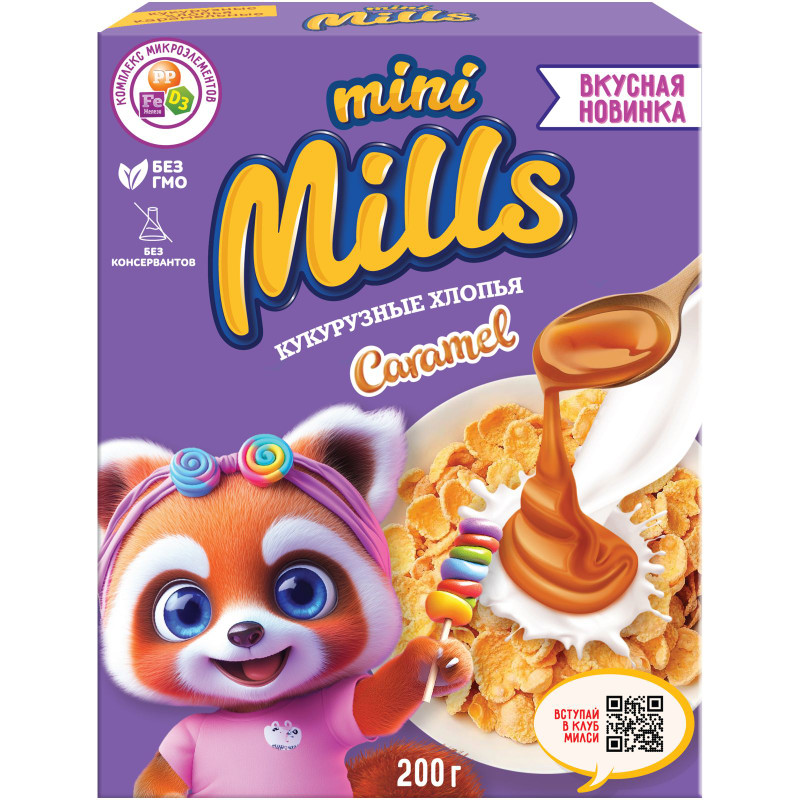 Изображение товара Хлопья Mini Mills кукурузные карамельные обогащённые витаминами и железом, 200г