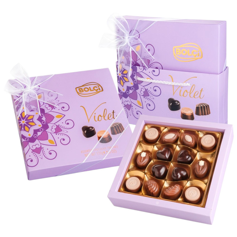 Изображение товара Набор конфет Bolci Pralines Violet из молочного и тёмного шоколада с начинками, 170г
