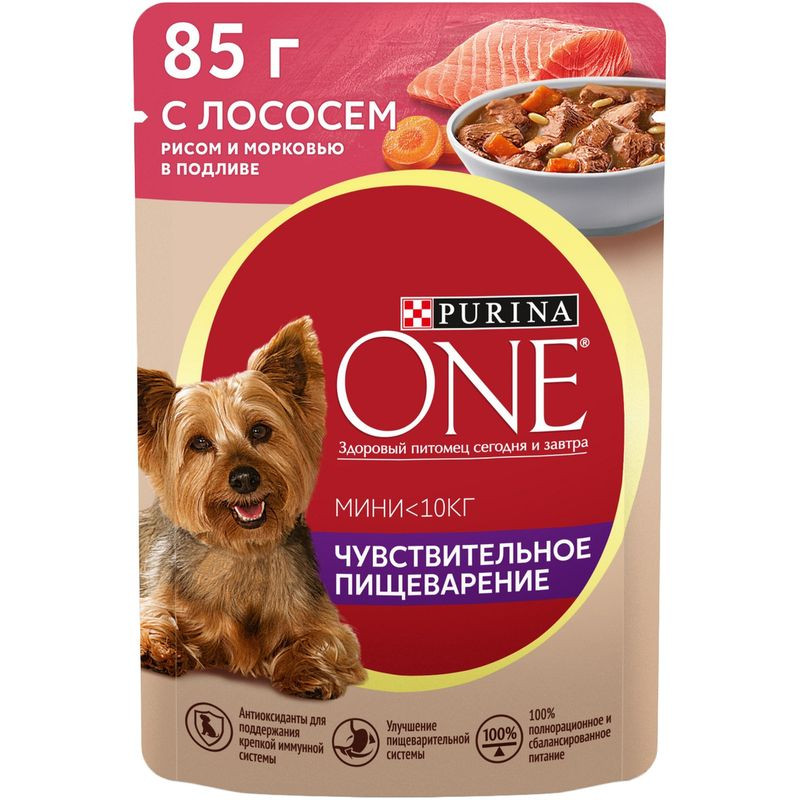 Изображение товара Влажный корм Purina One для собак мелких пород с лососем рисом и морковью в подливе, 85г