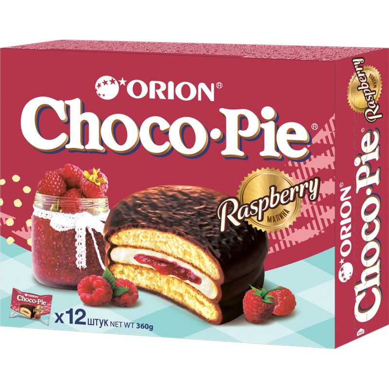 Изображение товара Пирожное Orion Choco Pie Raspberry бисквитное в шоколаде с малиной, 360г