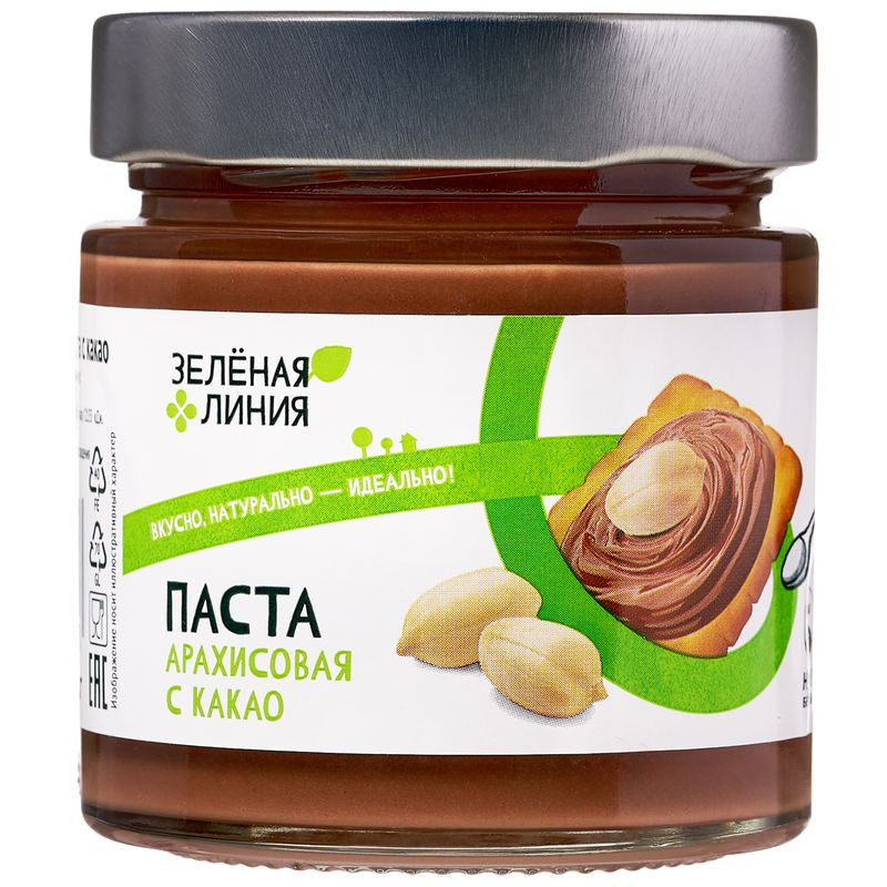Изображение товара Арахисовая паста с какао без сахара Зелёная Линия 200г натуральный продукт