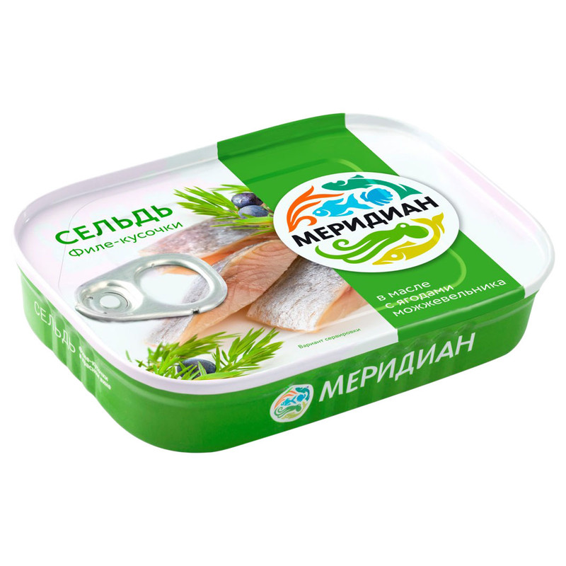 Изображение товара Сельдь атлантическая Меридиан филе-кусочки в масле с можжевельником, 115г
