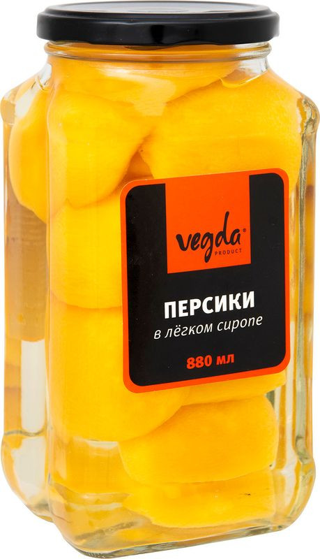 Изображение товара Персики Vegda Product в сиропе 880г фруктовые консервы с низким содержанием жира