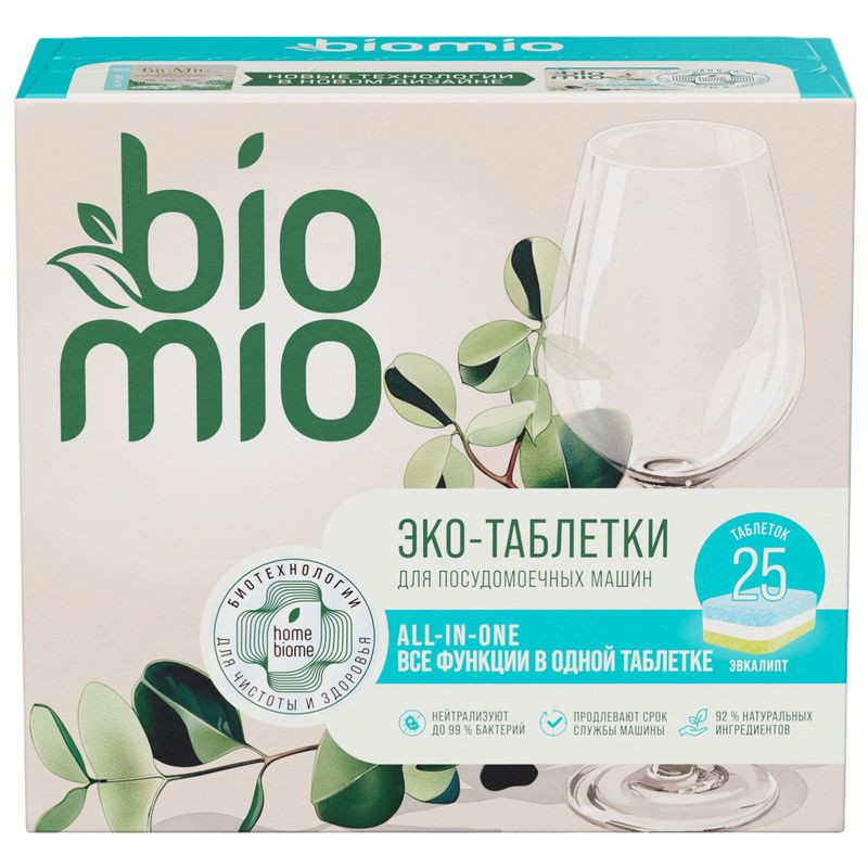 Изображение товара Таблетки для посудомоечной машины BioMio All-In-One 25х16г с эвкалиптом